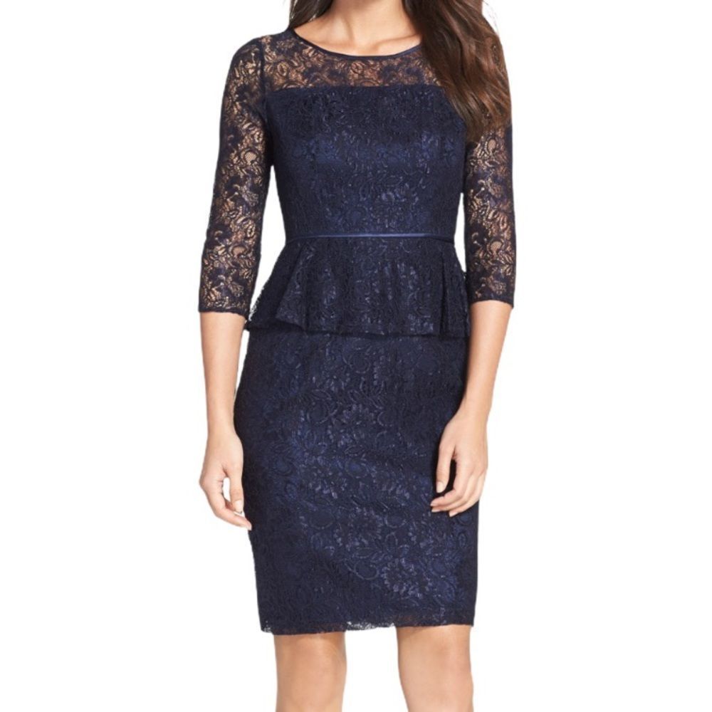 Adrianna Papell Sz 6 Peplum Over Lace Chic Silhouette Blue Casual Sheath Dress